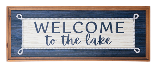 Decorative sign with 'Welcome to the lake' text on a blue background
