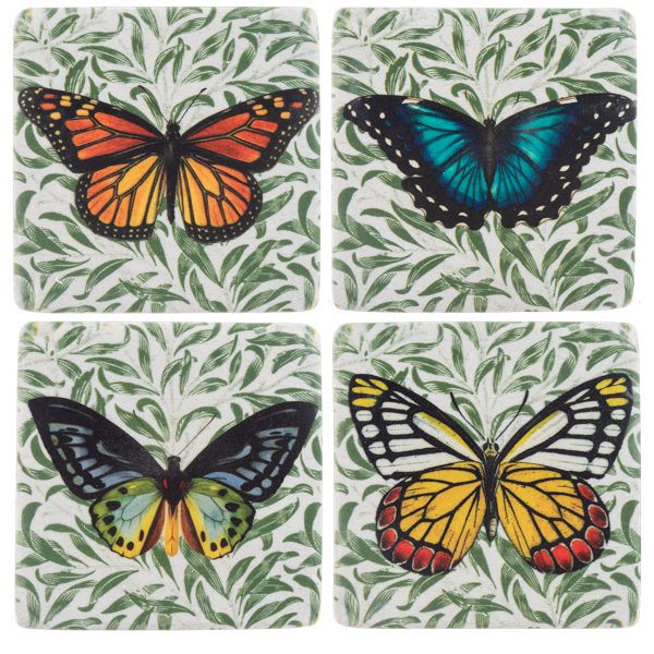 Four coasters with butterfly designs on a leafy green background