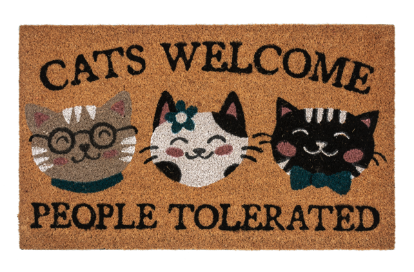 A door mat with an image of three cartoon cats and the text 'CATS WELCOME PEOPLE TOLERATED'.