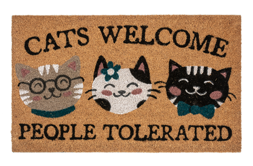 A door mat with an image of three cartoon cats and the text 'CATS WELCOME PEOPLE TOLERATED'.
