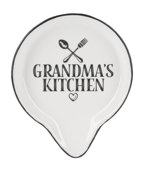Decorative spoon rest with 'Grandma's Kitchen' text and crossed spoon and fork design on a white background.