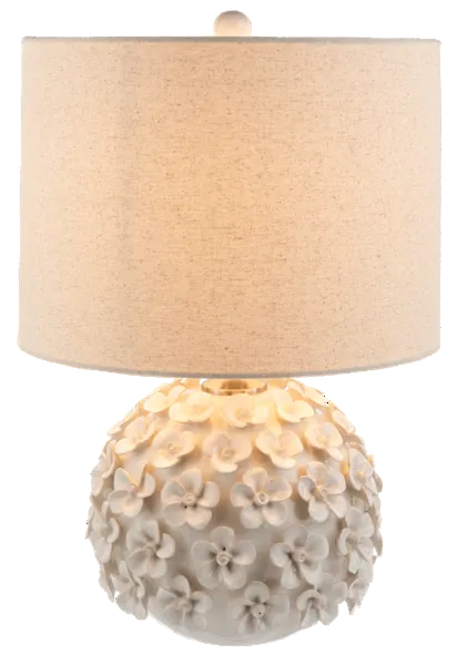 Table lamp with floral ceramic base and beige fabric shade on a white background