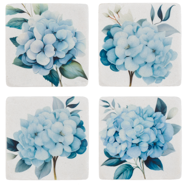 Four square coasters with blue floral designs on a white background