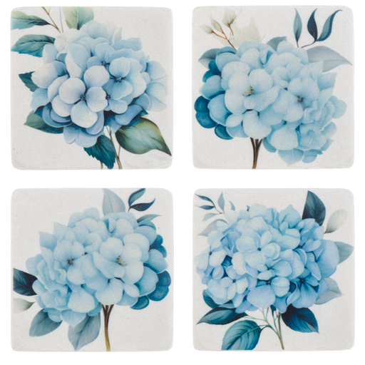 Four square coasters with blue floral designs on a white background