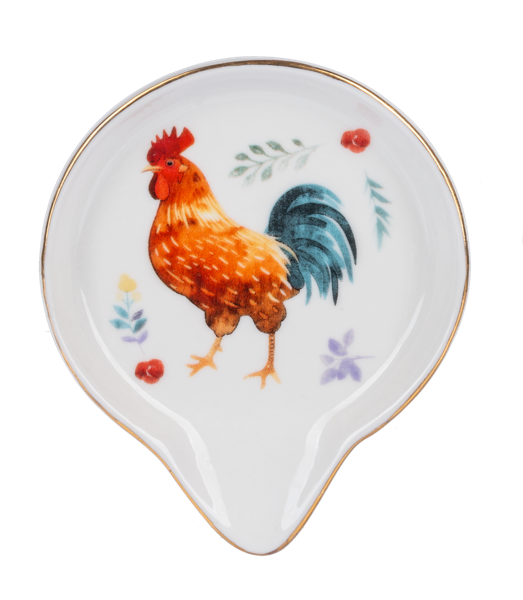 Decorative spoon rest with a rooster design on a white background