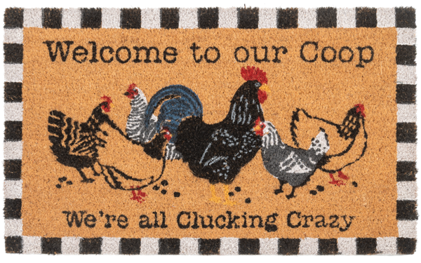 Doormat with rooster design and text 'Welcome to our Coop We're all Clucking Crazy' on a checkered border.
