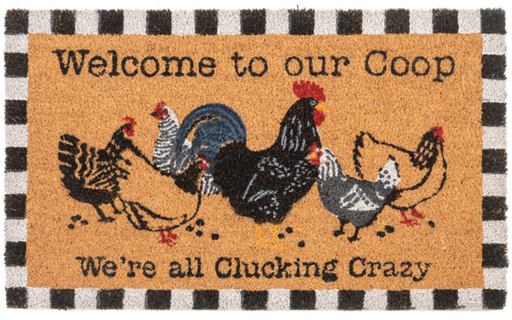 Doormat with rooster design and text 'Welcome to our Coop We're all Clucking Crazy' on a checkered border.