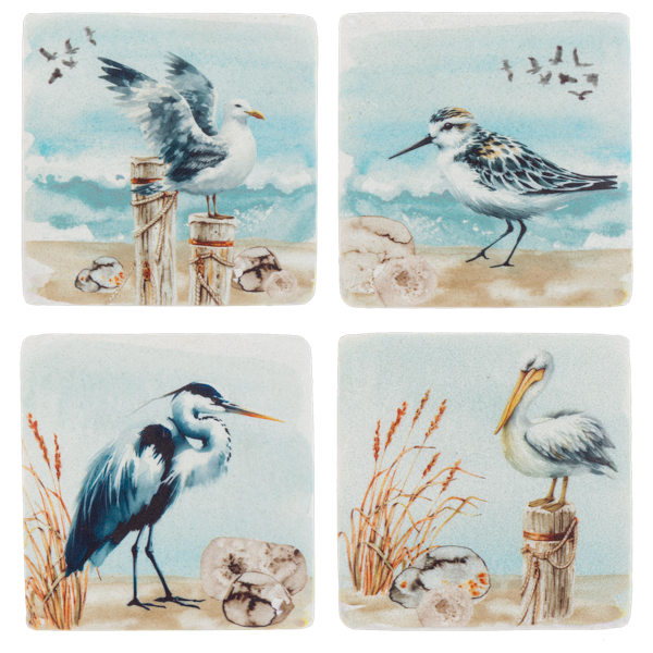 Set of four coasters with beach-themed illustrations of birds and natural elements.