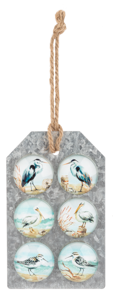 Decorative tag with six circular illustrations of birds on a gray background, hanging by a rope.