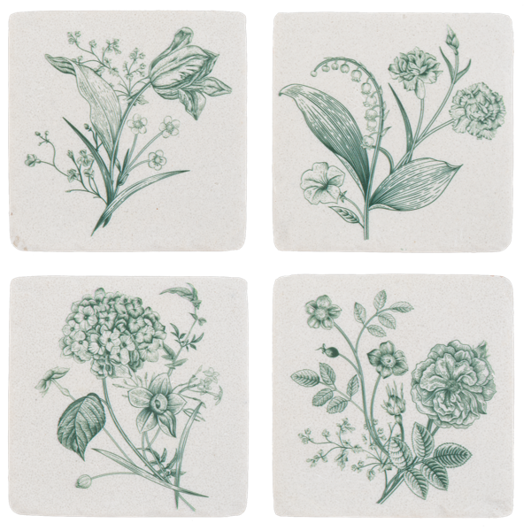 Four square coasters with green botanical illustrations on a white background