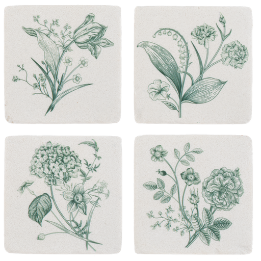 Four square coasters with green botanical illustrations on a white background