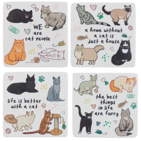 Set of four cat-themed coasters with various cat illustrations and text.
