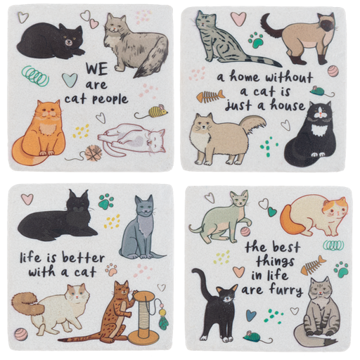 Set of four cat-themed coasters with various cat illustrations and text.