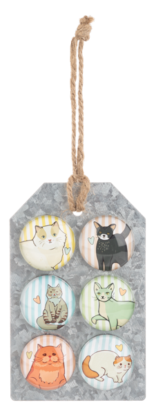Decorative tag with six colorful cat illustrations on a gray background