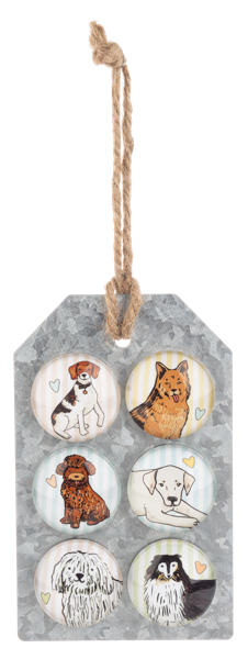 Decorative tag with six circular dog illustrations on a gray background