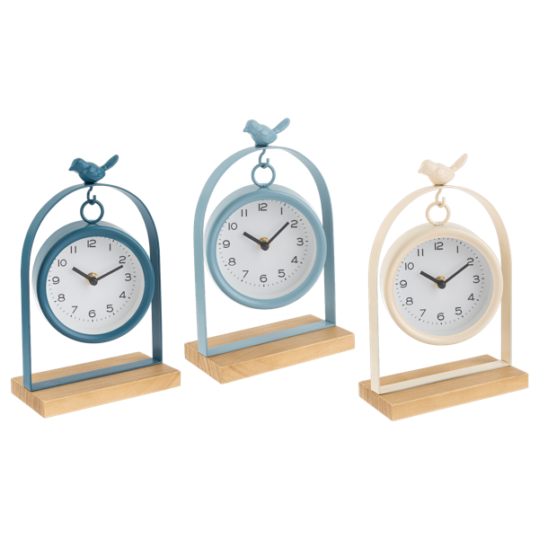 Three decorative table clocks with bird designs on stands against a white background