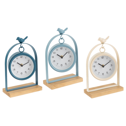 Three decorative table clocks with bird designs on stands against a white background