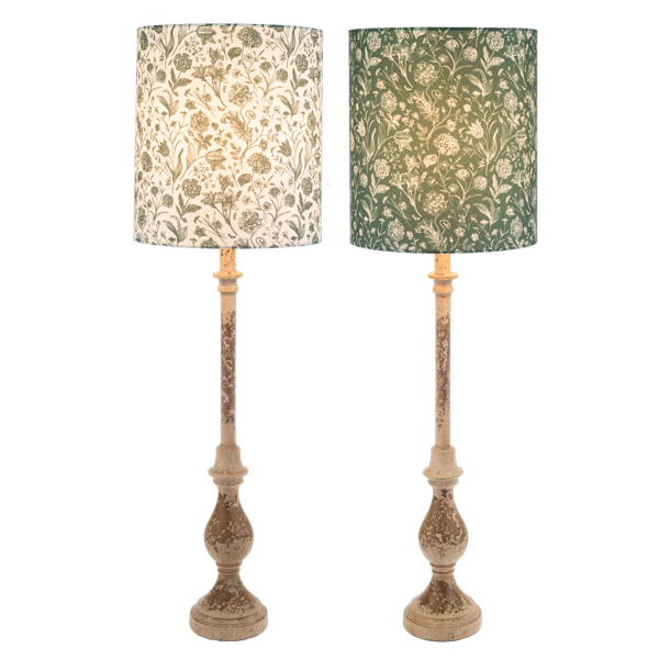Two floral-patterned lamps with wooden bases on a white background