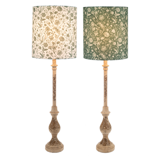 Two floral-patterned lamps with wooden bases on a white background