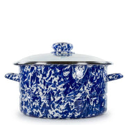 A blue and white marbled enamel stockpot with a matching glass lid, set against a plain white background.
