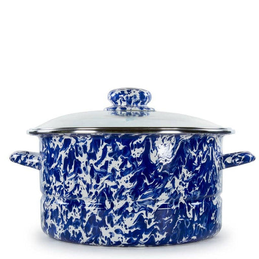 A blue and white marbled enamel stockpot with a matching glass lid, set against a plain white background.