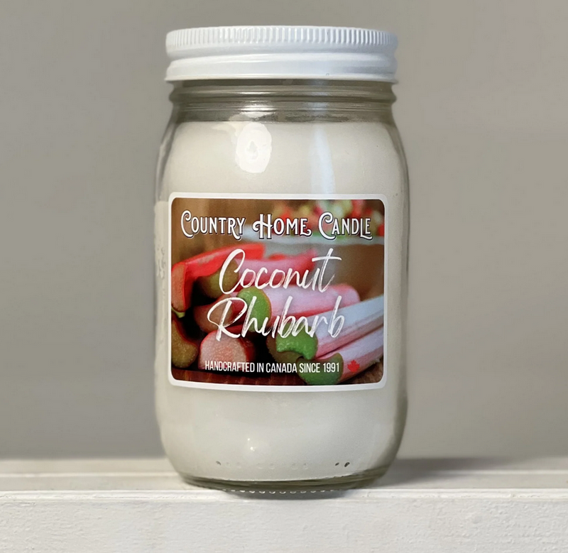 Jar of Country Home Candle Coconut Rhubarb on a neutral background