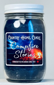 Jar of Country Home Candle labeled 'Campfire Stories' on a white background