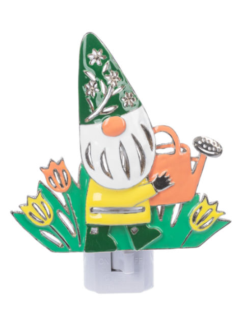 Gnome night light with a watering can and flowers on a white background
