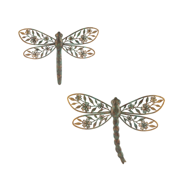 Gold Patina Dragonfly with Floral Wings Wall Decor