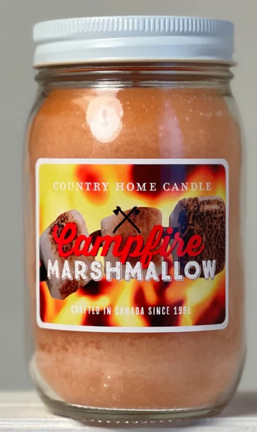 Jar of 'Campfire Marshmallow' candle by Country Home Candle on a white background