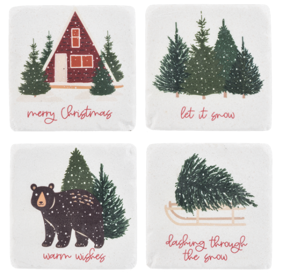 Set of four Christmas-themed coasters with illustrations and text on a white background.