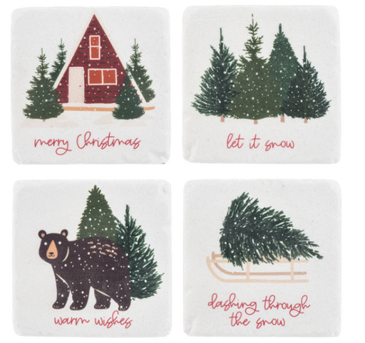 Set of four Christmas-themed coasters with illustrations and text on a white background.