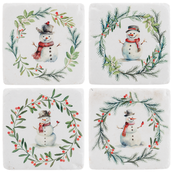 Four coasters with snowman designs surrounded by greenery and berries on a white background.