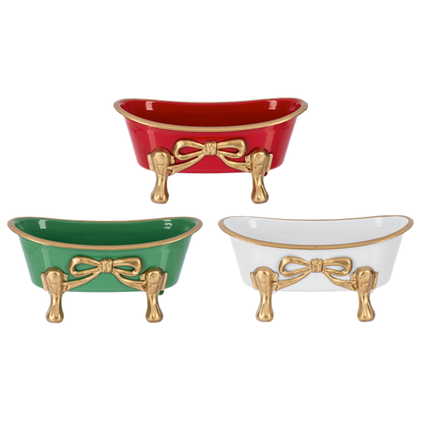 Three decorative bowls in red, green, and white with gold feet and bow accents on a white background.