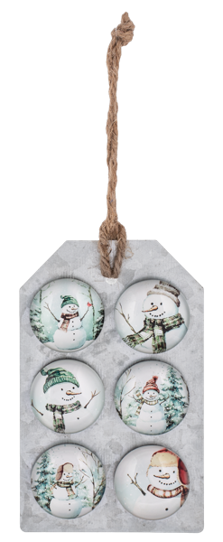 Decorative tag with six round magnets featuring snowmen, hanging by a rope.