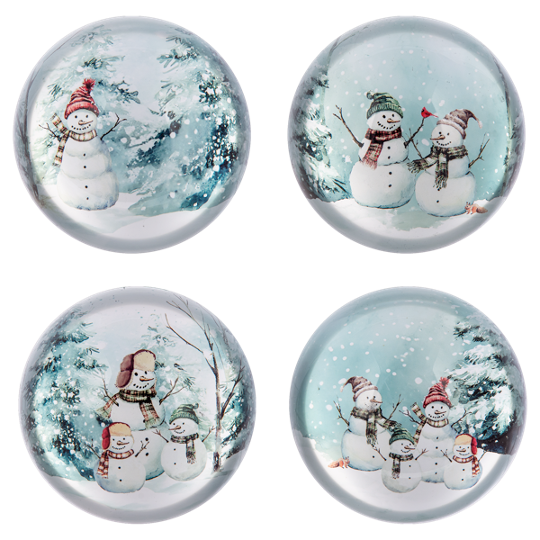 Four glass knobs with winter-themed designs of snowmen and trees on a white background.