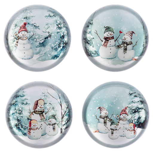 Four glass knobs with winter-themed designs of snowmen and trees on a white background.