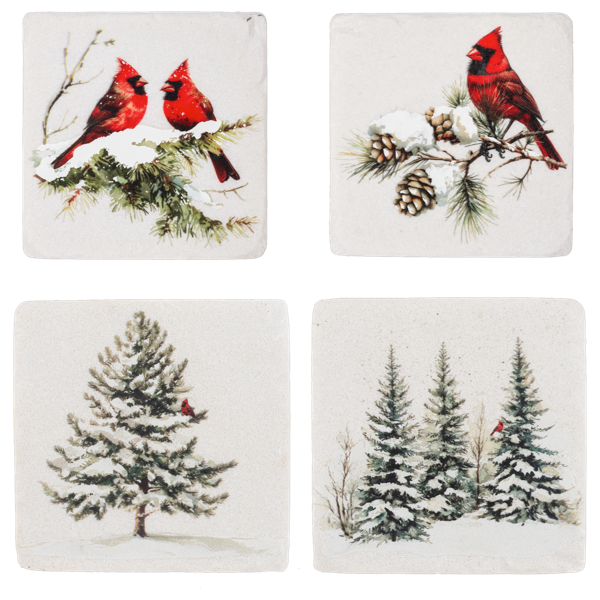 Set of four square coasters with winter scenes featuring cardinals and trees.
