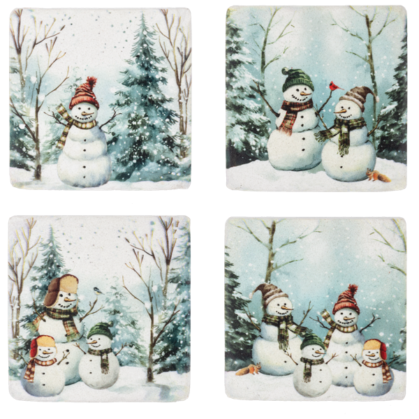 Set of four winter-themed coasters with snowmen and snowy landscapes.