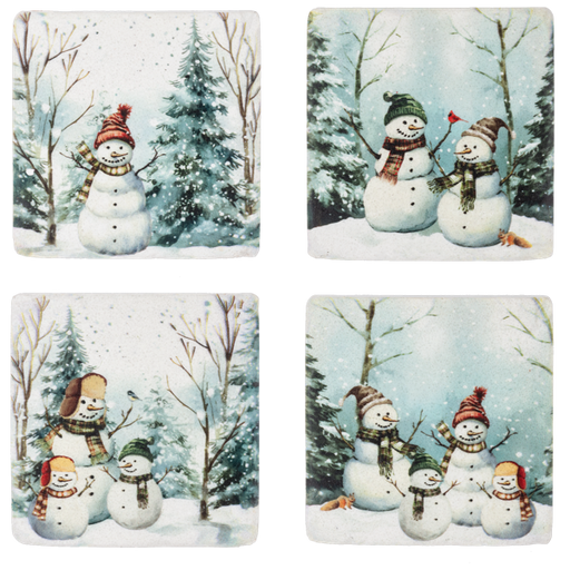 Set of four winter-themed coasters with snowmen and snowy landscapes.