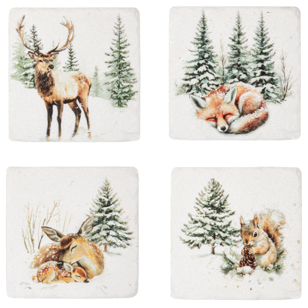 Set of four square coasters with winter-themed illustrations of a deer, fox, rabbit, and squirrel.