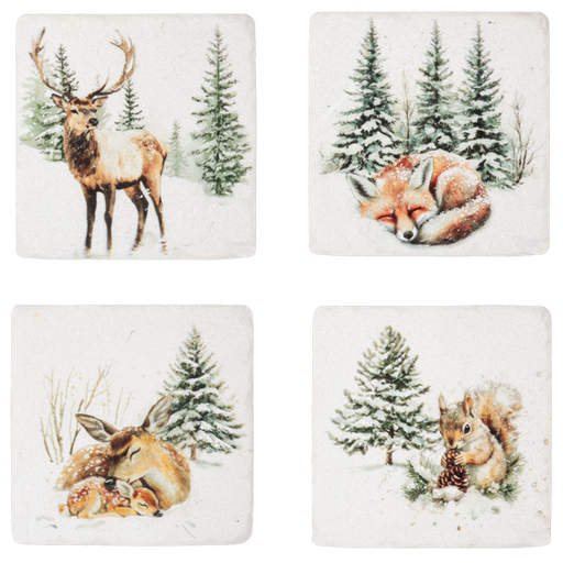 Set of four square coasters with winter-themed illustrations of a deer, fox, rabbit, and squirrel.