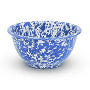 A blue and white marble splattered small footed enamel bowl.