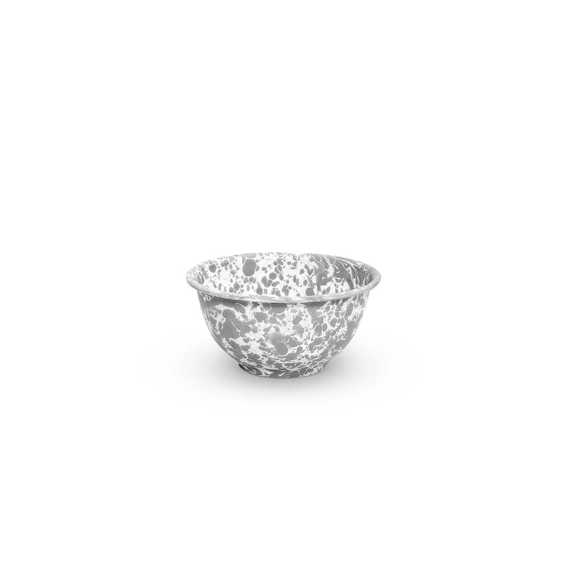 A grey and white marble splattered small footed enamel bowl.