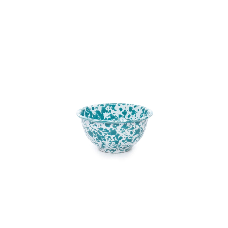 A turquoise and white marble splattered small footed enamel bowl.