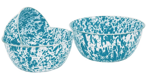 Three blue and white speckled bowls on a white background