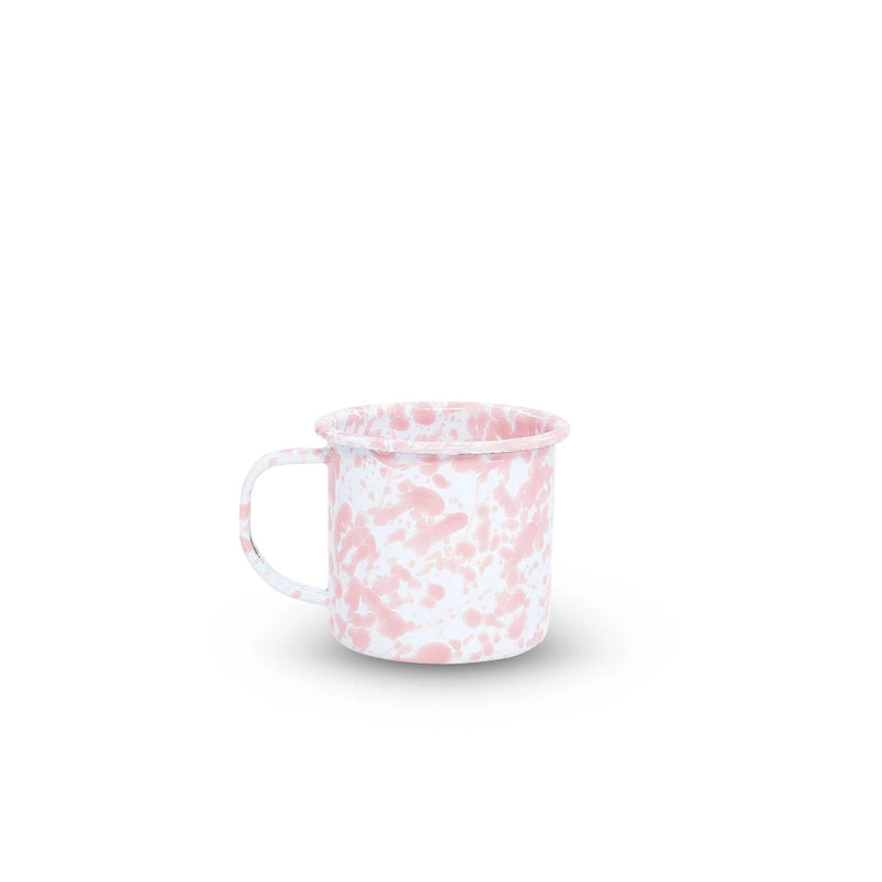 White mug with pink floral pattern on a white background