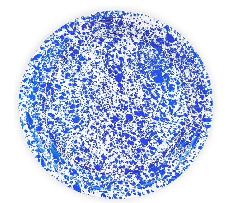 A 20-inch large round serving tray with a blue and white splatter pattern.