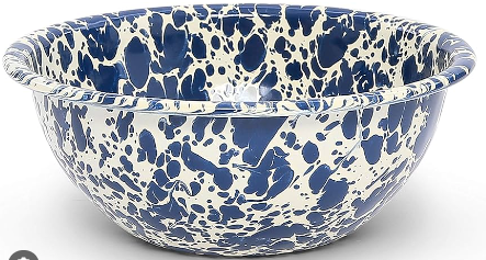 A black and white speckled 4-quart enamel basin on a white background.