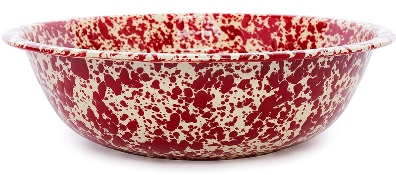 A medium-sized round enamel basin with a burgundy and white marbled pattern.